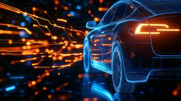 wireframe hologram of electric car with glowing lines, showcasing speed and technology. futuristic design emphasizes innovation and modern transportation photo