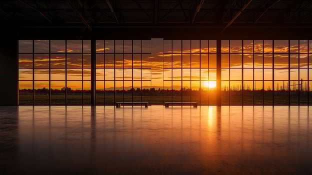 large empty warehouse with glass walls showcasing stunning sunset view. warm colors of sky reflect on polished floor, creating serene atmosphere photo