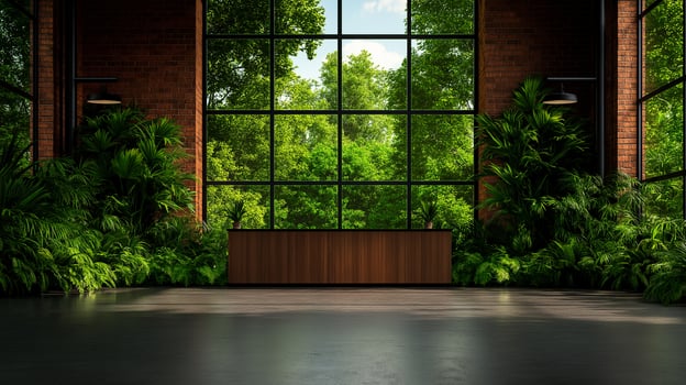 modern office interior featuring spacious open area with large glass walls, surrounded by lush greenery and wooden reception desk. natural light creates vibrant atmosphere photo