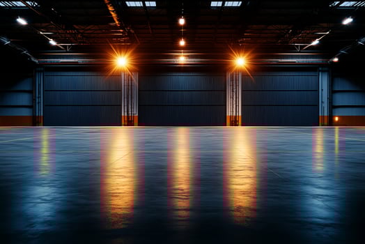 spacious industrial hangar with large steel doors and polished concrete floor, illuminated by warm overhead lights creating dramatic atmosphere photo