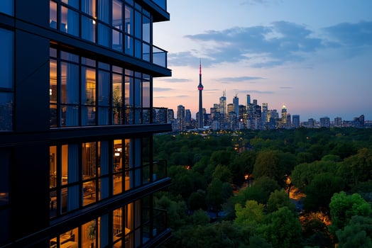stunning view of high rise residential building overlooking Toronto skyline at dusk, showcasing modern architecture and vibrant city lights photo