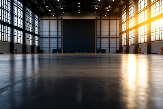 spacious industrial hangar with large metal doors and bright windows, showcasing clean floor and warm sunlight streaming in, creating serene atmosphere photo