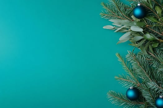 Festive green background with pine branches and blue ornaments. photo