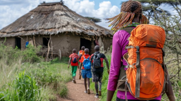 Children are enthusiastically walking along a dirt path towards a traditional hut in a rural village, carrying bright backpacks amidst lush greenery and a vivid sky. photo