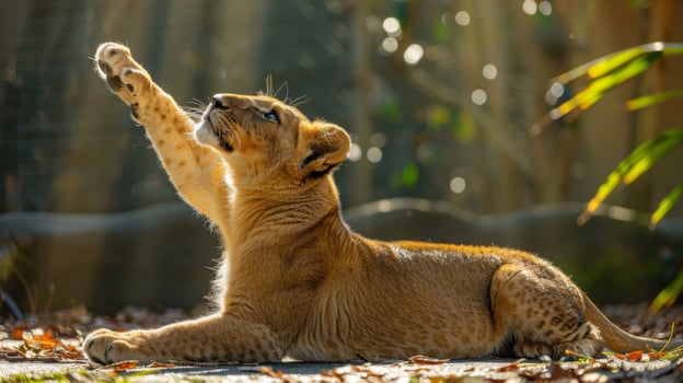 A young lion cub stretches its paw towards the sun, lying comfortably on a warm surface in a lush environment filled with greenery, capturing a moment of playful curiosity. photo