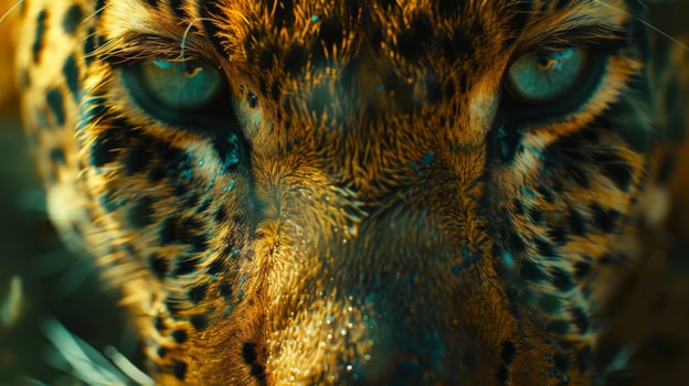 This captivating close up reveals the intricate patterns of a leopard's fur and the intense gaze of its bright eyes, highlighting the animal's raw beauty in a natural setting. photo