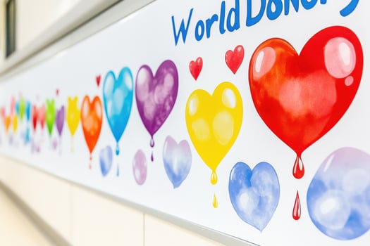 Colorful display of heart-shaped balloons for World Donor Day celebration in a vibrant setting photo