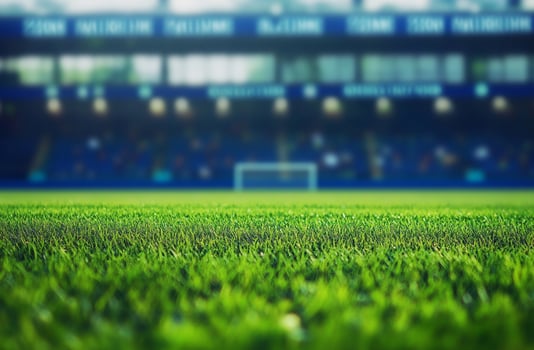 A modern football stadium with a pristine field, surrounded by empty stands under a dramatic sky. A perfect visual for sports events, championship moments, and competitive energy. photo