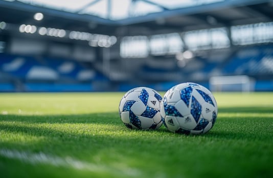 A close-up of a football resting on the field, with sharp white lines and textured grass. A powerful image symbolizing competition, passion, and the essence of the game photo