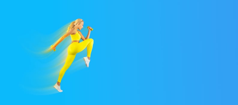 Training Concept. Confident Fit Lady In Sportswear Exercising With Two Dumbbells And Lifting Leg Up, Isolated On Blue Studio Background. Energy And Sports, Full Body Length Side View Profile Portrait photo