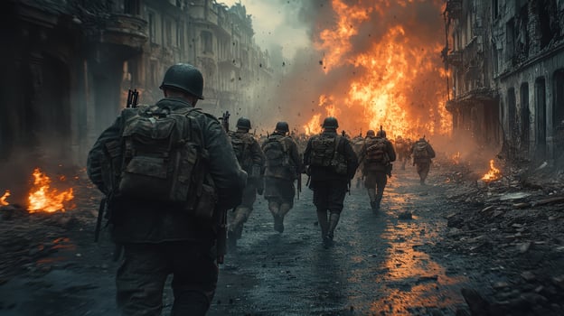 Cinematic WWII Soldiers Advancing in War-Torn City, Smoke, Fire photo