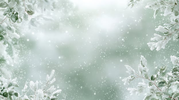 Frosty winter branch receiving gently falling christmas snowflakes, creating serene white landscape with soft seasonal Green background banner photo