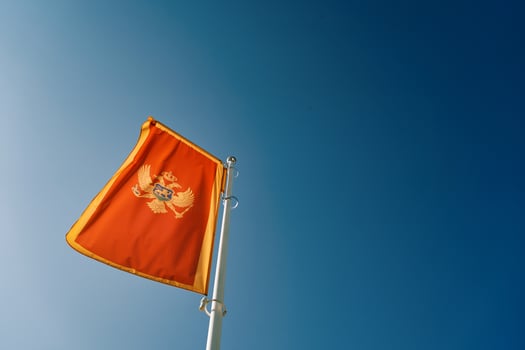Montenegro flag flutters on a white flagpole against a blue sky photo