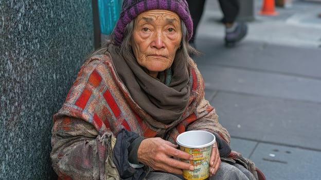 An elderly woman sits on a city sidewalk, bundled in layers of warm clothing. She holds a cup in her hands, gazing intently at those who walk by, seeking help and compassion photo