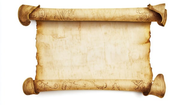 Old parchment scroll displaying blank space, perfect for historical text, ancient maps or decorative designs photo