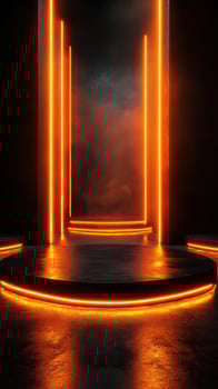 Bright orange neon lights illuminate a dark and atmospheric stage space photo