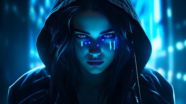 Futuristic cyberpunk female character neon city digital art dark environment close-up technology concept photo