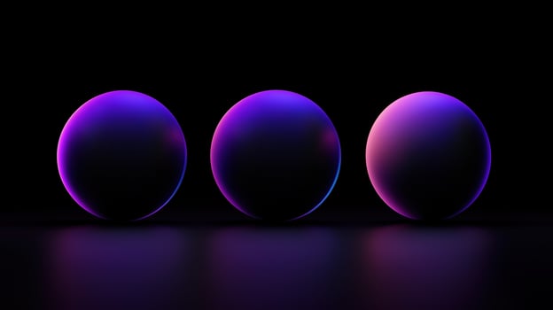 Three glowing neon spheres with gradient purple and pink hues on a black reflective surface futuristic abstract digital art for modern design projects photo