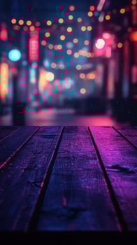 Colorful illuminated street with a wet wooden table in the foreground during a rainy night photo