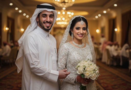 Elegant Muslim Wedding Couple Portrait in Luxury Ballroom photo
