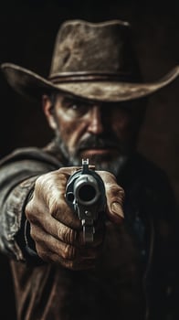 Intense standoff with a cowboy holding a revolver in a dimly lit setting at dusk photo
