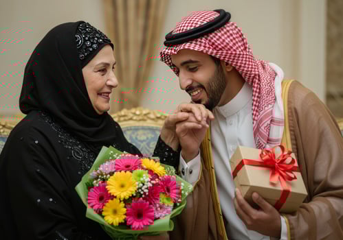 Son Giving Flowers and Gift to Mother Happy Family Moment photo