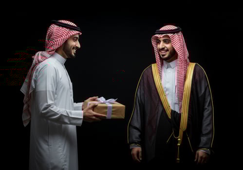 Arab Men Gift Exchange Tradition in Studio Photo