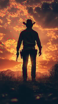 Cowboy silhouette against a vibrant sunset sky in a desert landscape at dusk photo