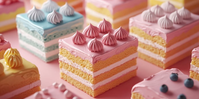 Colorful dessert slices displayed on a pink background during a dessert event in a cafe photo