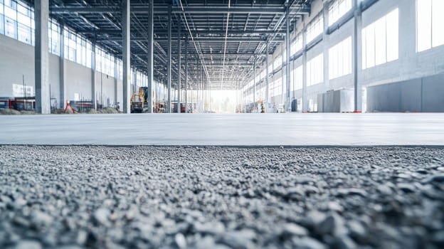 Newly Poured Concrete Floor in Large Modern Warehouse Under Construction photo