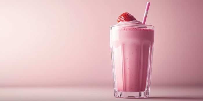 Refreshing strawberry milkshake served in a clear glass with whipped cream and a straw on a pink background photo