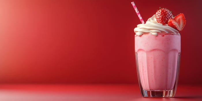 Delicious strawberry milkshake served in a glass with whipped cream and a straw against a vibrant red background photo