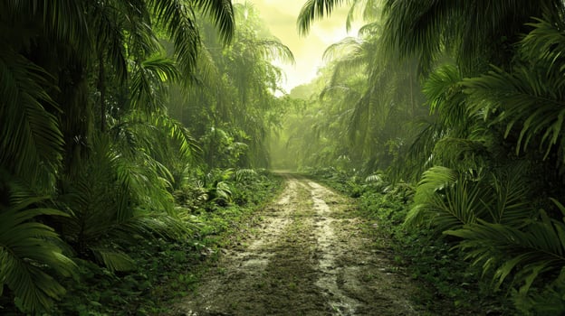 Lush green pathway through dense tropical forest during a misty morning surrounded by vibrant foliage and towering trees photo