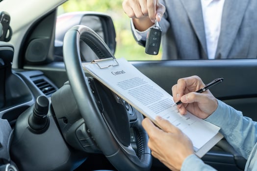 lease, rental car, sell, buy. Dealership send contract and car keys to new owner to sign. Sales, loan credit financial, rent vehicle, insurance, renting, Seller, dealer, installment, photo