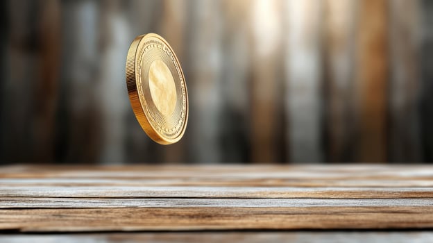A coin is flying in the air over a wooden table photo
