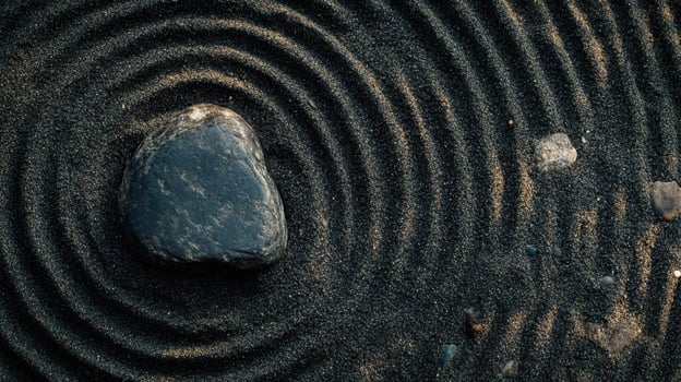 Ripples forming around a stone on a textured sand surface in a serene outdoor setting during daytime photo