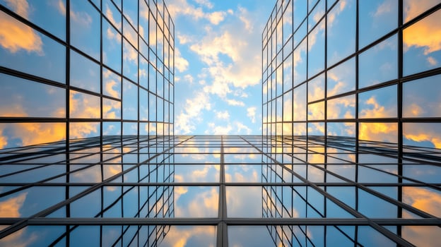 The sky is reflected in the windows of a building photo