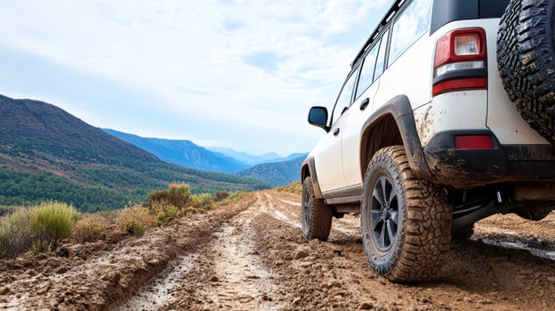 A white jeep driving on a dirt road photo
