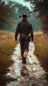 Cowboy walks along muddy path through autumn landscape in soft morning light photo