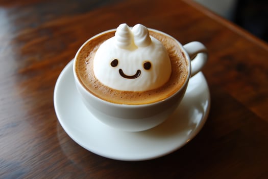 Adorable latte with creative foam art featuring a smiling character on a wooden table photo