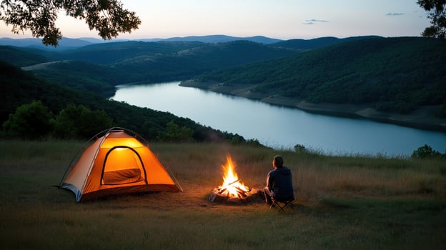 Person Camping by Lake at Sunset with Campfire and Tent photo
