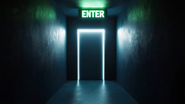 Green Enter Sign with Glowing Door in a Dim Hallway photo