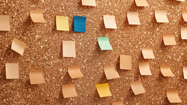 Colorful Sticky Notes on Corkboard Background, Organized Workspace Concept photo