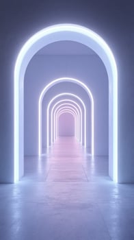 Illuminated arches create a surreal corridor in a modern space with soft purple lighting photo