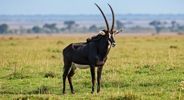 A black antelope standing in a field photo