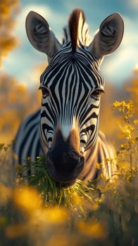 Zebra grazes peacefully among vibrant wildflowers in a golden sunset, showcasing nature's beauty and harmony photo