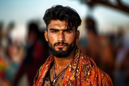 Man with Textured Hairstyle and Bohemian Fashion, Bold Ethnic Look, Ideal for Lifestyle Campaigns photo