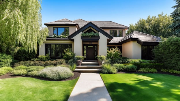Modern Luxury Home with Beautiful Garden, Green Landscape, Real Estate Property, Architecture Design photo