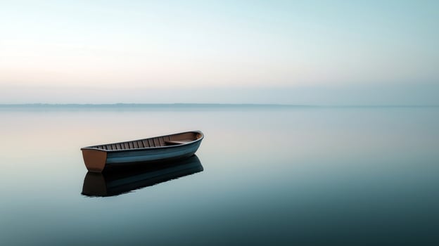 Wooden Boat Floating in Tranquil Waters at Dawn with Calm Reflections on the Horizon photo