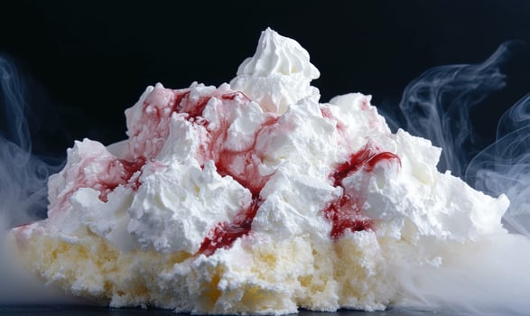 Delicious angel food cake with whipped cream and berry sauce photo